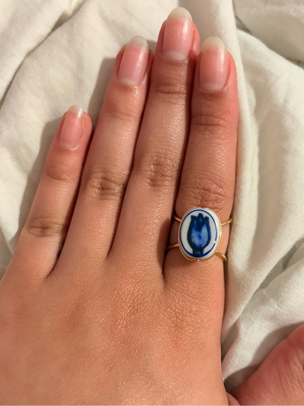 Blue and White Porcelain Tulip Gold Tone Ring Boho Statement
